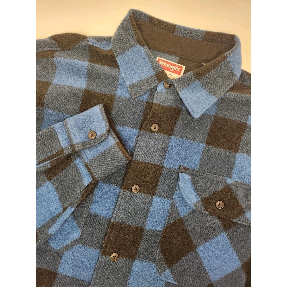 Wrangler Overshirt Men's L Blue Long Sleeve Button Fleece Buffalo Plaid Workwear